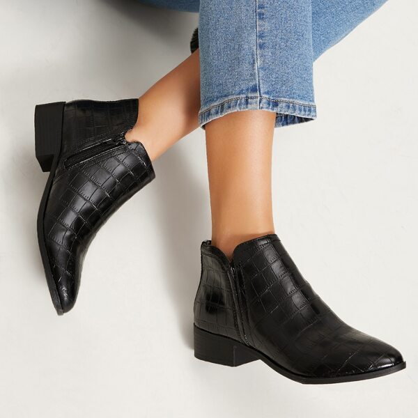 

Faux Croc Leather Low Block Heel Booties, Black