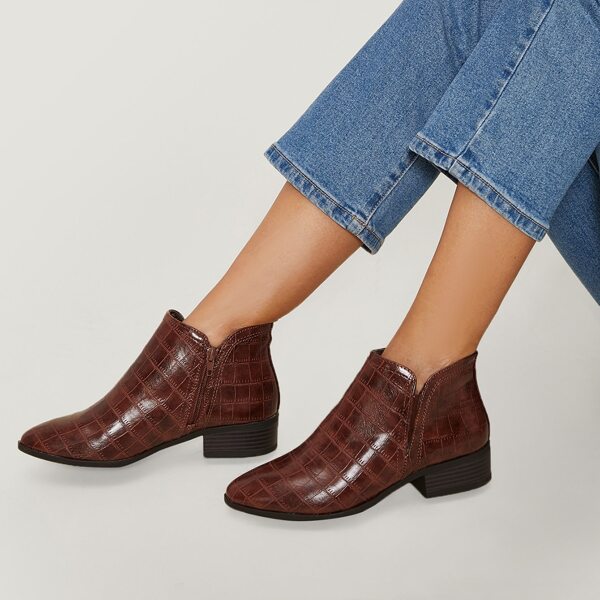 

Croc Embossed Leather Zip-Up Low Heel Boots, Brown
