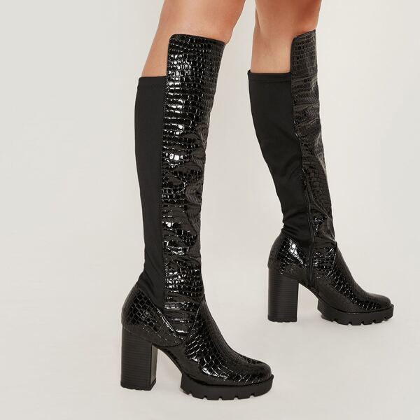 

Faux Patent Croc Leather Stacked Heel Boots, Black
