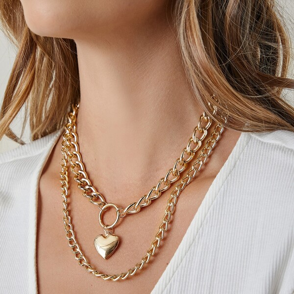 

Layered Heart Locket Charm Curb Chain Necklace, Gold
