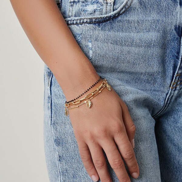 

Layered Leaf Charm Beaded Chain Bracelet, Gold