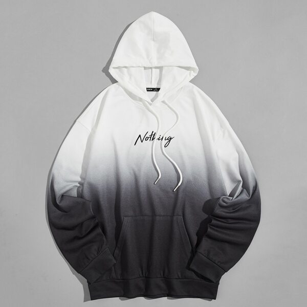 

Men Letter Embroidery Ombre Hoodie, Black and white