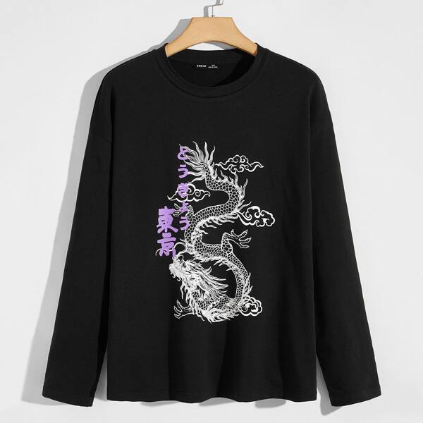 

Men Letter & Chinese Dragon Print Tee, Black