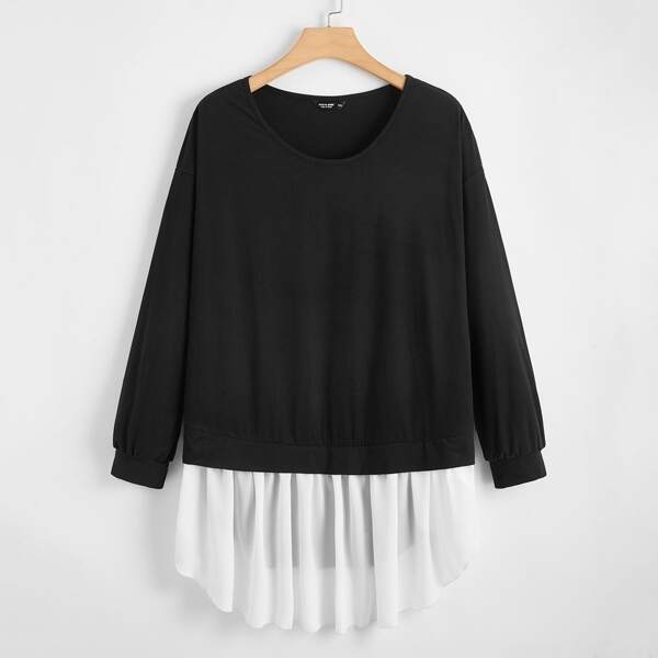 

Plus Drop Shoulder Contrast Hem Longline Sweatshirt, Black