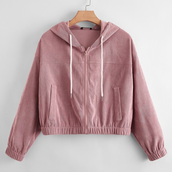 

Plus Zip Up Drawstring Corduroy Jacket, Dusty pink