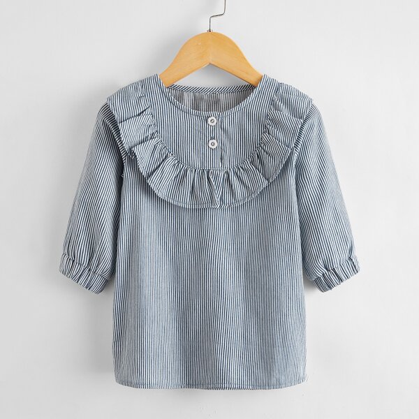 

Baby Girl Ruffle Trim Striped Denim Dress, Blue and white
