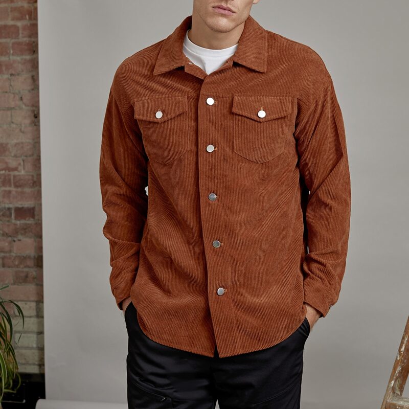 

Guys Button Front Patch Pocket Cord Coat, Brown