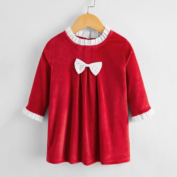 

Baby Girl Bow Front Frill Neck Velvet Dress, Red