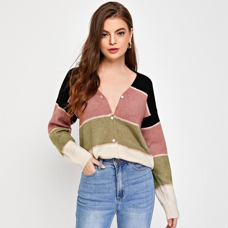 

Drop Shoulder Color Block Cardigan, Multicolor