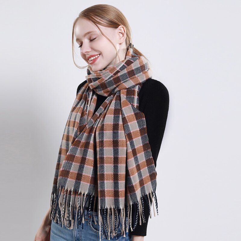 

Plaid Tassel Trim Scarf, Multicolor