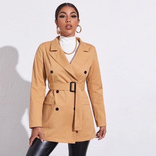 

Double Button Buckle Belted Blazer, Apricot