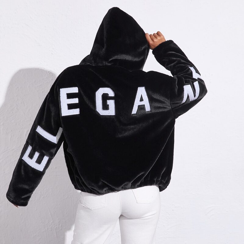 

Letter Graphic Zip Up Hooded Faux Fur Coat, Black