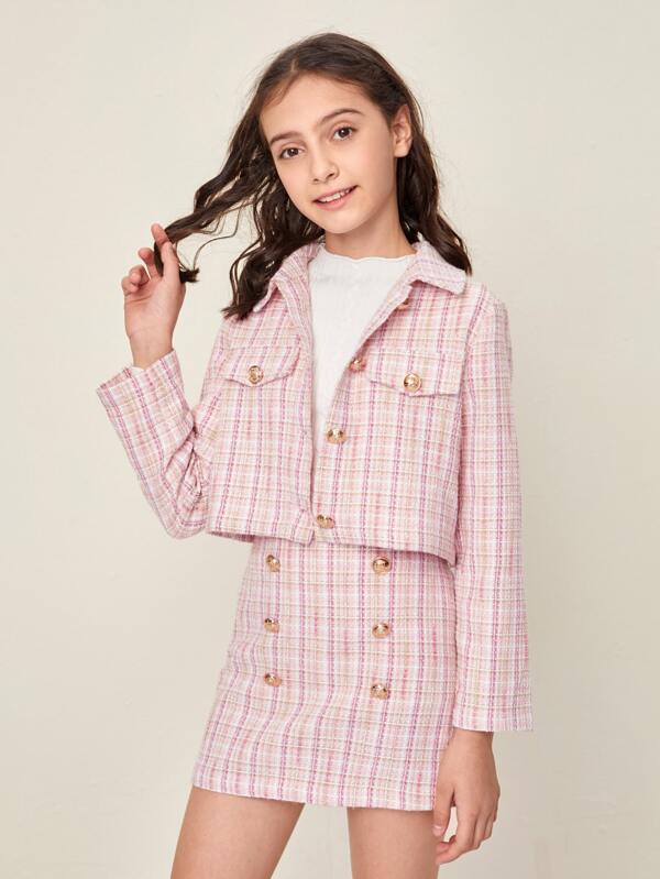 SHEIN Tween Girl Gold Button Detail Tweed Jacket & Skirt Set