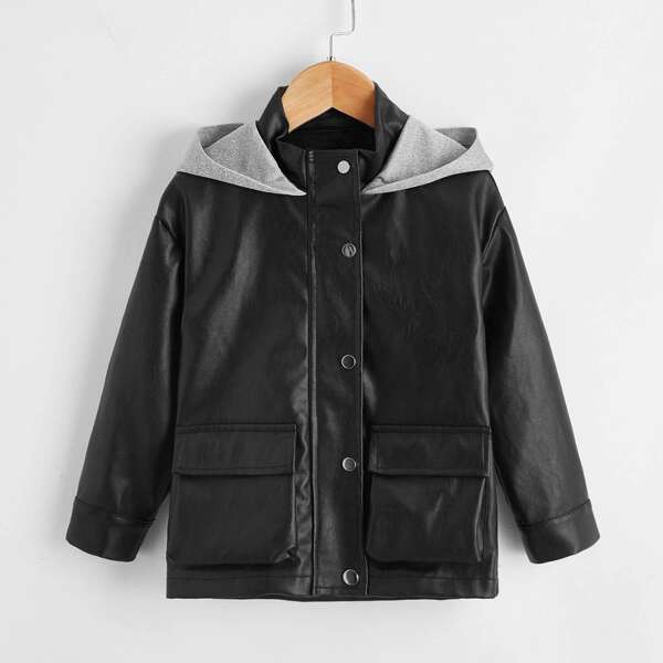

Toddler Boys PU Leather Flap Pocket Hooded Coat, Black