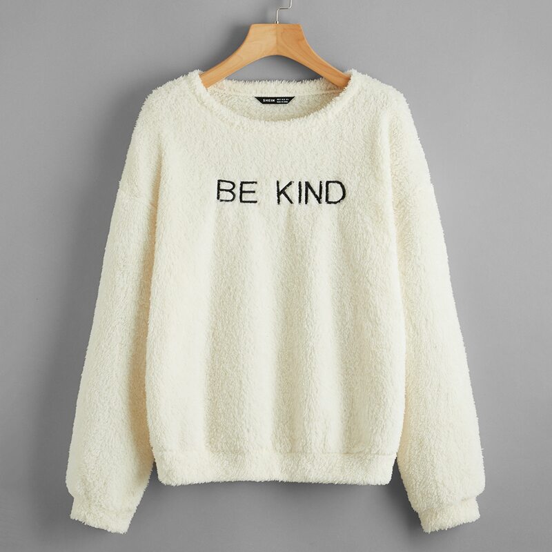 

Drop Shoulder Embroidery Letter Teddy Pullover, Beige