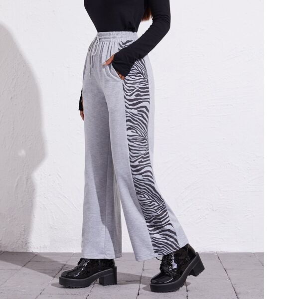 

Drawstring Waist Zebra Stripe Wide Leg Pants, Grey