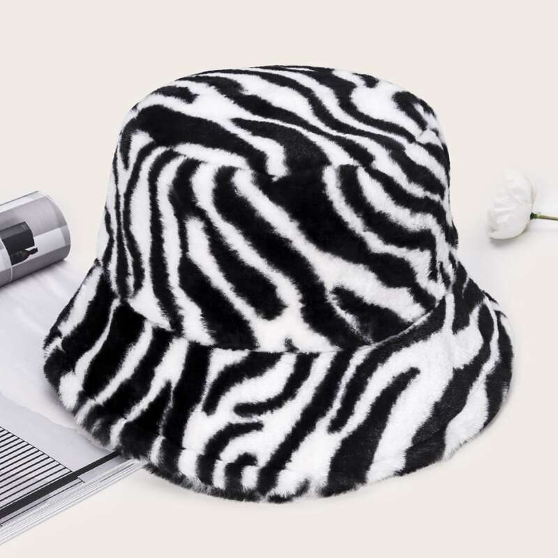 

Zebra Stripe Fluffy Bucket Hat, Black and white