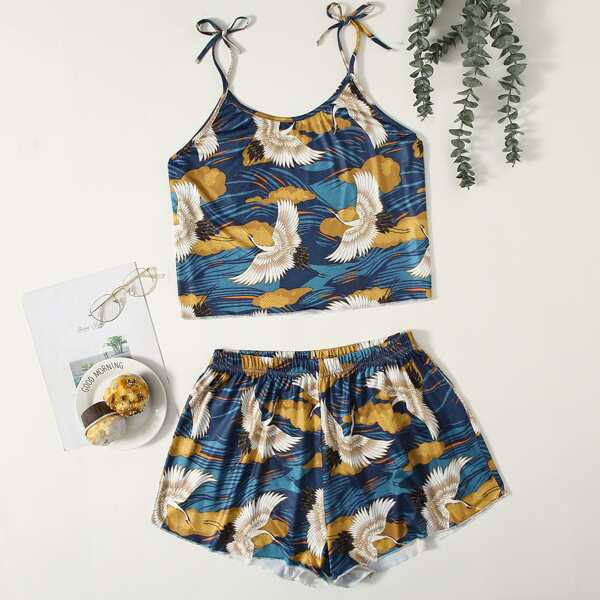 

Plus Crane Print Tie Shoulder Cami PJ Set, Multicolor