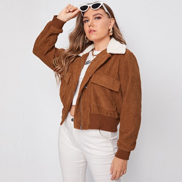 

Plus Contrast Teddy Collar Flap Pocket Cord Jacket, Brown