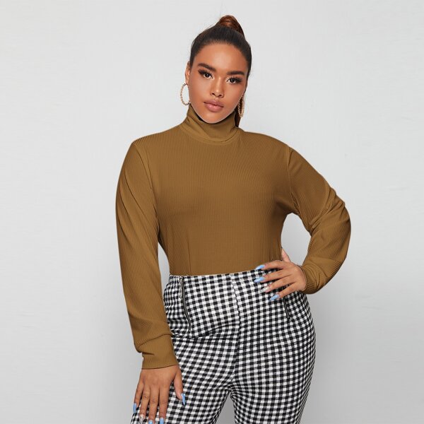

Plus Solid Turtleneck Rib-knit Tee, Mocha brown
