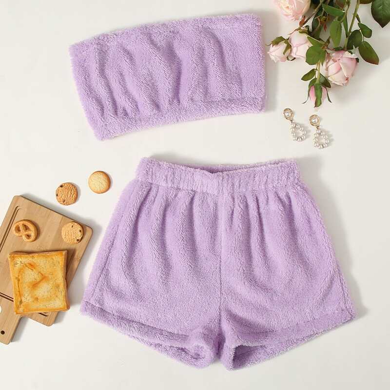 

Flannel Tube Top With Shorts Lounge Set, Lilac purple