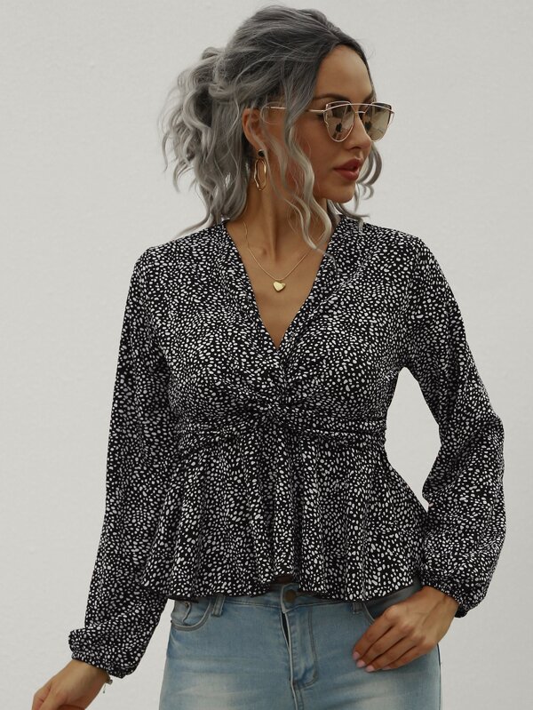Camisa peplum girante con estampado de lunares | Mode de Camisa peplum de lunares girante delantero | Mode de Mujer