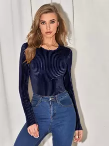 SHEIN Privé Top de terciopelo de canalé - Azul Marino - Ver 1