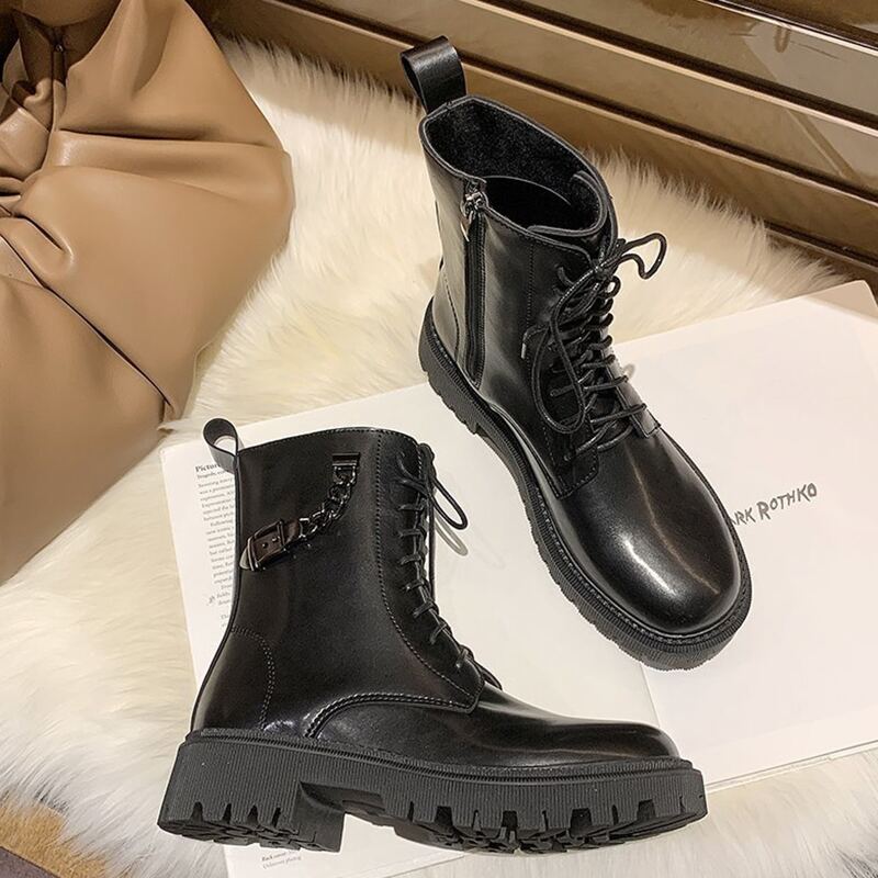 

Chain Buckle Lace-up Combat Boots, Black