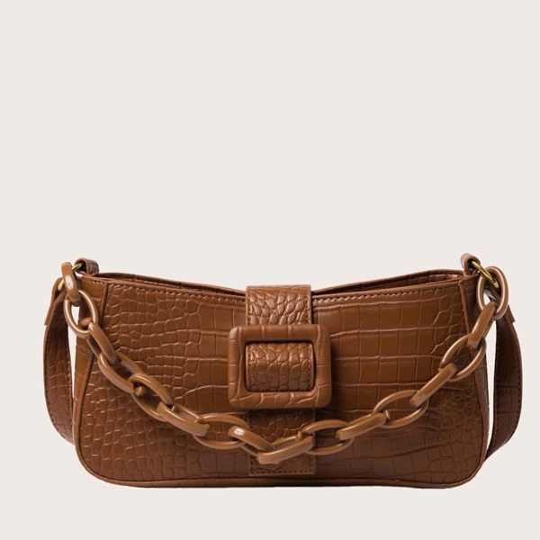

Croc Embossed Chain Baguette Bag, Brown