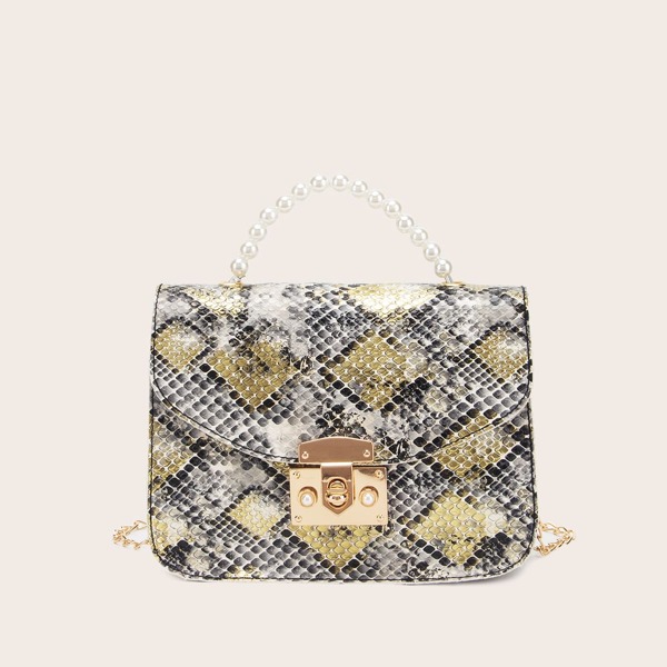 

Snakeskin Print Faux Peal Handle Satchel Bag, Multicolor