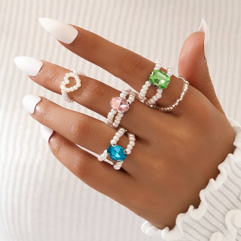 

5pcs Rhinestone Faux Pearl Ring, Multicolor
