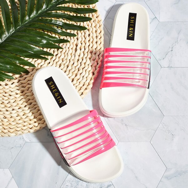 

Clear Striped Wide Fit Slides, Pink