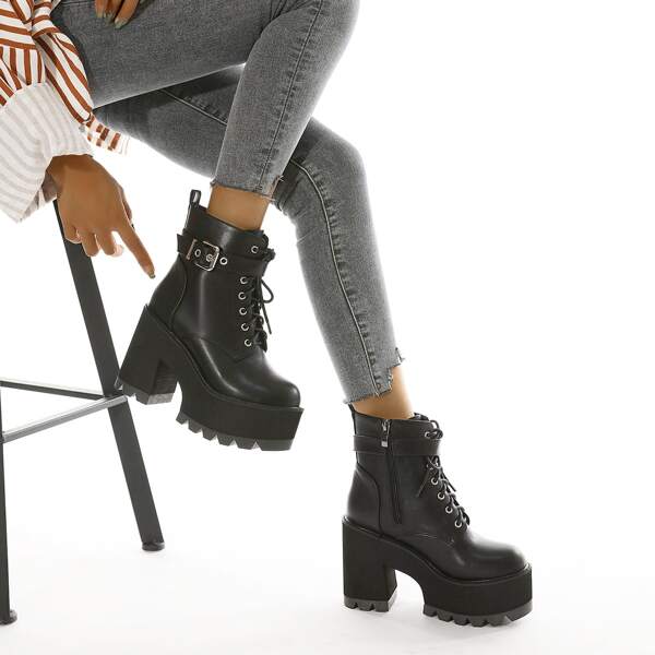 

Buckle Decor Chunky Heeled Platform Lace-up Boots, Black