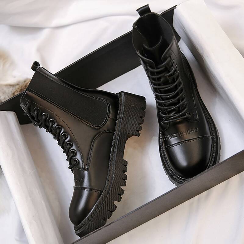 

Lace-up Cap Toe Combat Boots, Black