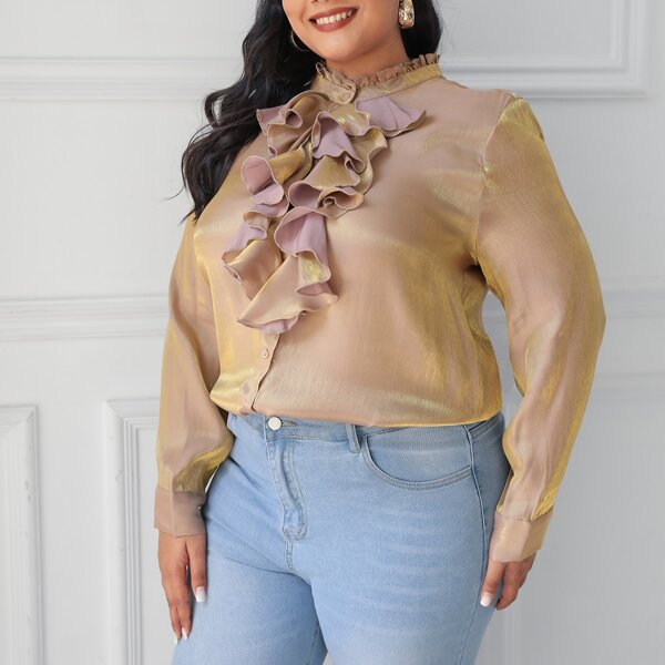 

Plus Frill Mock Neck Jabot Collar Silky Blouse, Multicolor