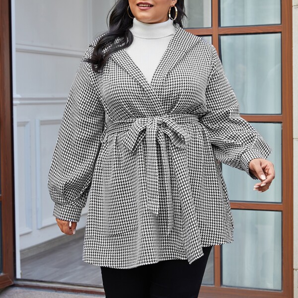 

Plus Houndstooth Pattern Lantern Sleeve Belted Hooded Coat, Black and white