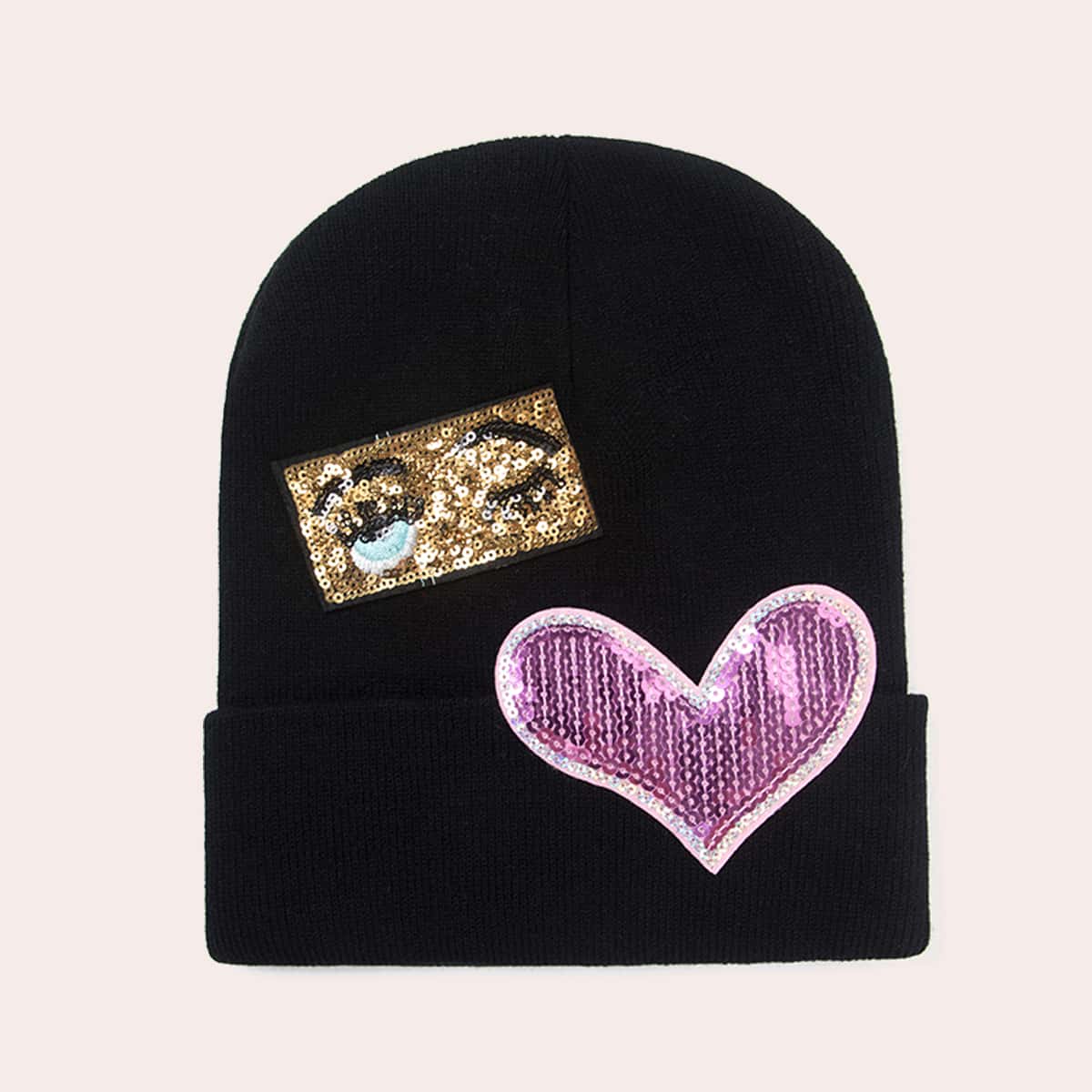 Heart Sequin Beanie, Black