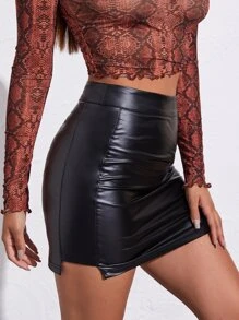SHEIN Privé Zip Back PU Leather Skirt - Black - View 3