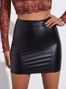 SHEIN Privé Zip Back PU Leather Skirt - Black - View 1