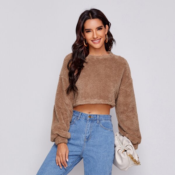 

Drop Shoulder Crop Teddy Pullover, Brown