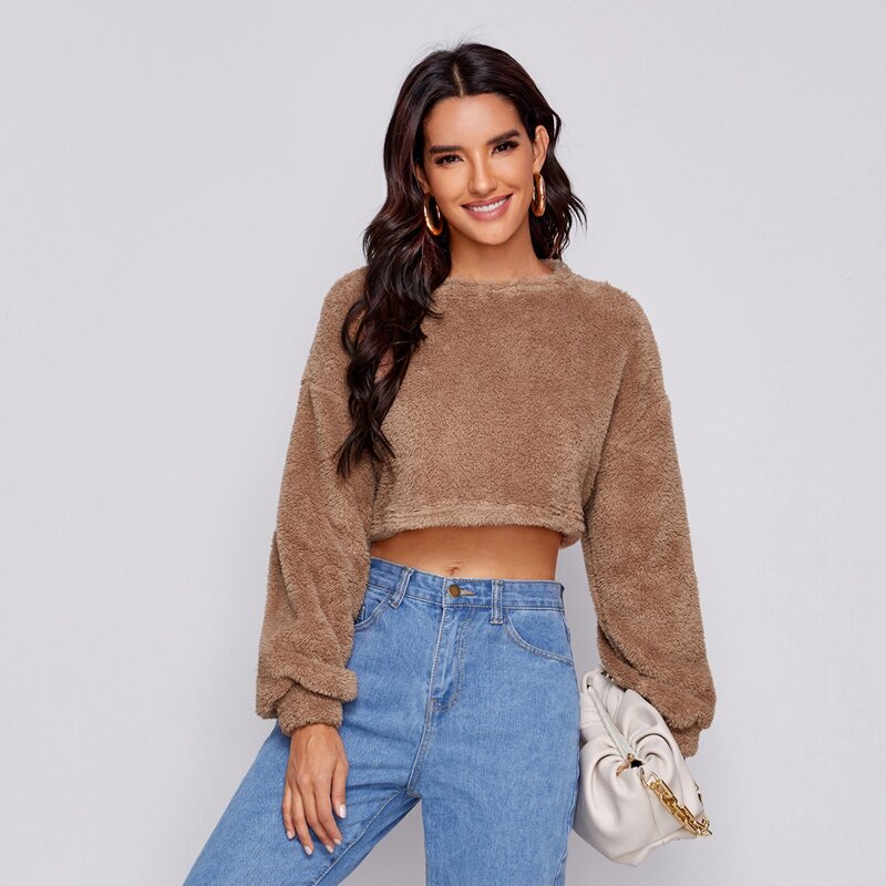 

Drop Shoulder Crop Teddy Pullover, Brown