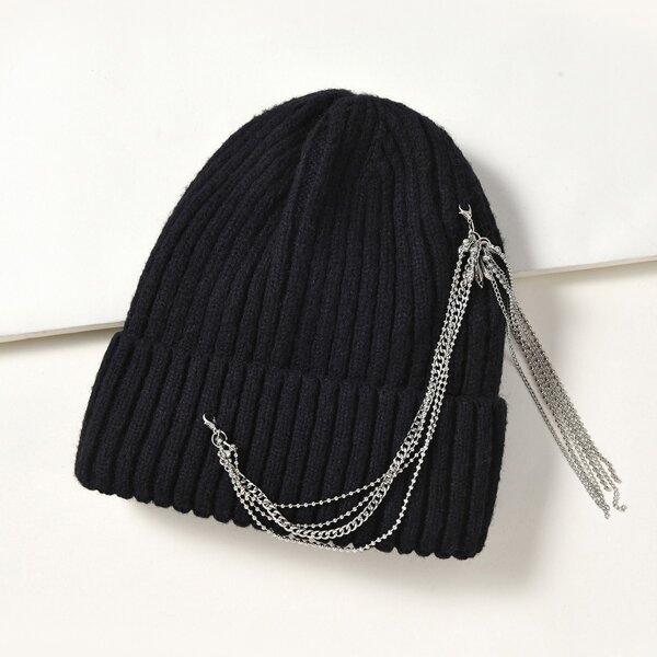 

Metal Chain Decor Beanie, Black
