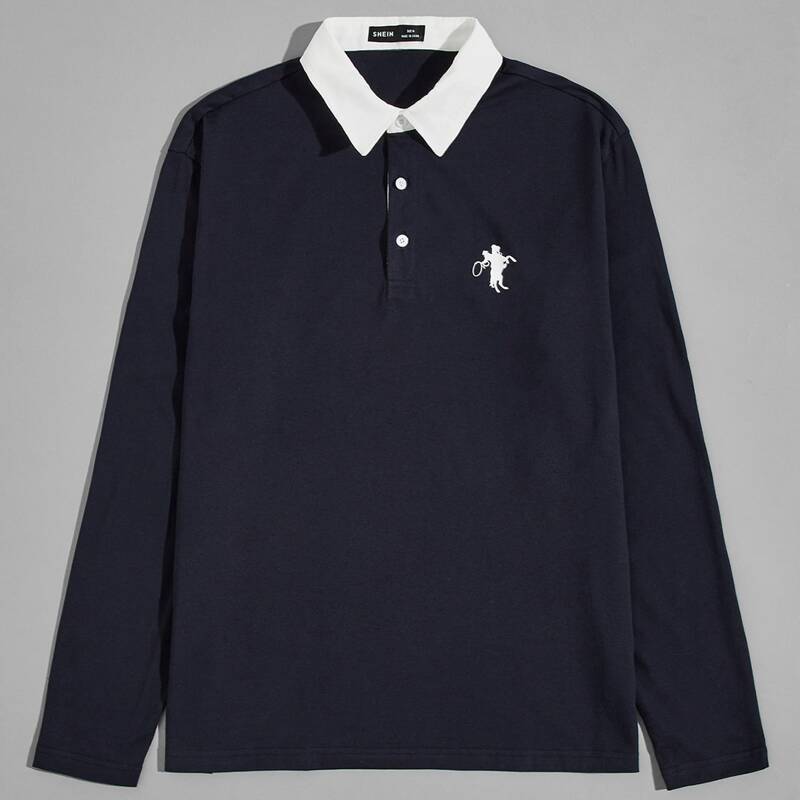 

Guys Contrast Collar Graphic Print Polo Shirt, Navy blue