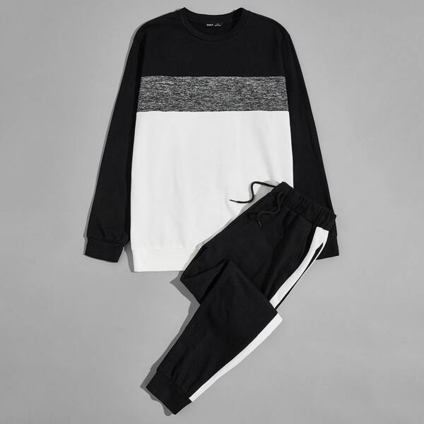 

Men Colorblock Pullover & Contrast Sideseam Sweatpants Set, Black