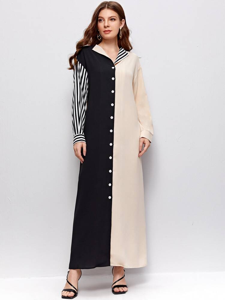 Button Front Color Block Striped Dress