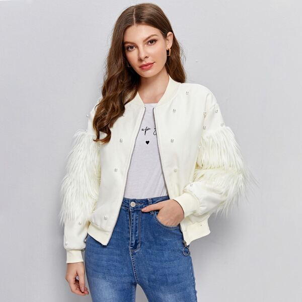 

Pearl Beaded Bomber Jacket, White