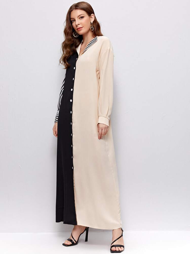 Button Front Color Block Striped Dress