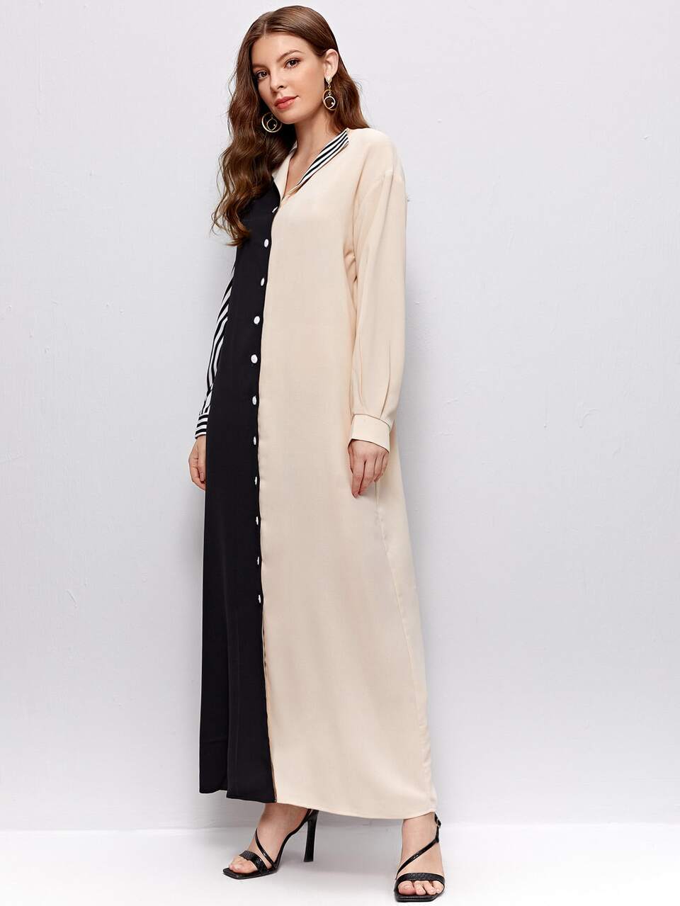 Button Front Color Block Striped Dress