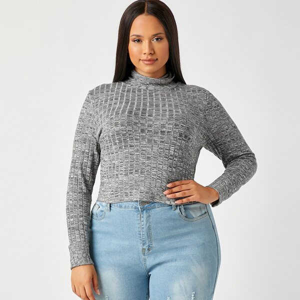 

Plus Mock-neck Rib-knit Tee, Grey