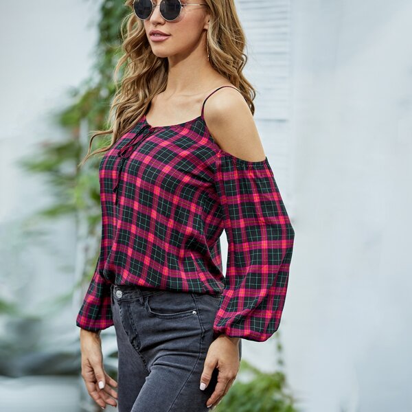 

Plaid Cold Shoulder Tie Front Blouse, Multicolor